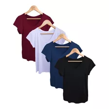 Kit 4 Blusa Camiseta Feminina Gola V Babylook Básica Lisa