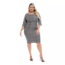 Vestido Plus Size Xadrez Tubinho Manga 3/4 Roupa Feminina