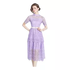 Vestido Midi Morado Para Tarta De Encaje Hueco, Soluble En A