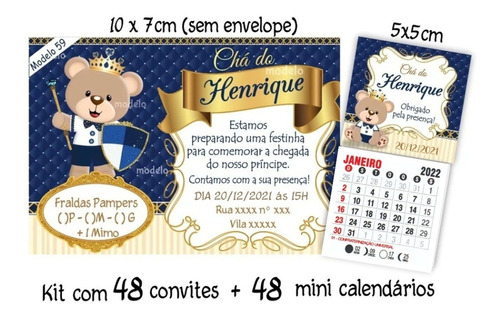 48 Convites + 48 Mini Calendários Chá Bebê /chá De Fraldas