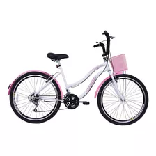 Bicicleta Aro 26 Feminina Retrô Beach 18 Marchas Branca Rosa Cor Branco/rosa