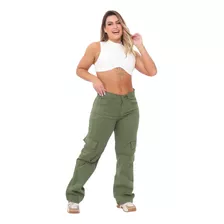 Calça Feminina Cargo Sarja Verde Bolso Lateral