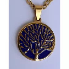 Medalla Arbol De La Vida Con Esmalte Azul En Acero Dorado 
