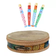 Kit Instrumentos Educativos Infantil Pandeiro Couro E Flauta