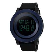 Reloj De Pulsera Skmei Esportiva 1142 De Cuerpo Color Negro, Digital, Para Hombre, Fondo Negro, Con Correa De Silicona Color Negro, Dial Gris, Minutero/segundero Gris, Bisel Color Azul, Luz Verde Y He