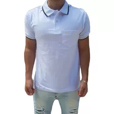 Camisa Polo Masculina Branca Detalhe Na Gola Meia Malha Top