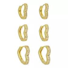 Trio Brinco Coração Cravejado Zircônia Banhado A Ouro 18k