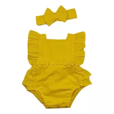 Romper Jardineira Body Amarelo Liso Roupa Bebê Menina Festa