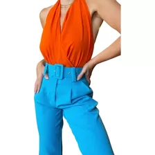 Calça Feminina Alfaiataria Social Cinto Fivela Forrada Azul