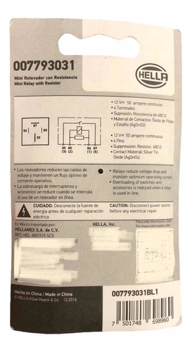 Mini Relevador Automotriz C/ Resistencia Hella 12v 50a 4pins Foto 2