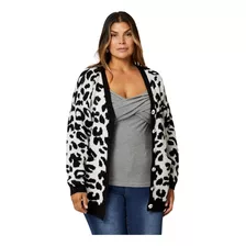 Cardigan Alongado Plus Size Animal Print Feminino Com Botões