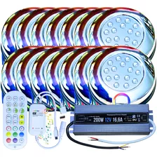 Kit 14 Refletor Piscina Led 15w Rgb + Controle Wifi + Fonte