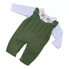 Saída De Maternidade Menino Jardineira Verde Urso Tricot