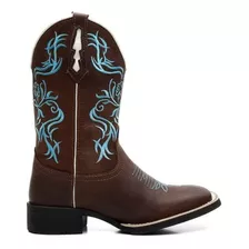 Bota Texana Feminina Floral Azul De Couro Bico Quadrado