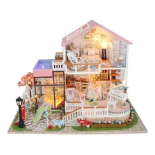  Miniatura Dollhouse Kit Realista Mini Casa Rosa Com Piscina