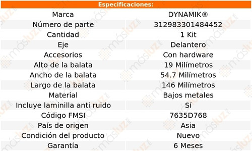 Balatas Bajos Metales Del Lupo L4 1.6l 05/09 Dynamik Foto 3