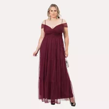 Vestido Plus Size Tule Decotado Terracota Tamanhos Especiais