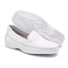 Sapato Mocassim Feminino Branco Couro P/ Enfermeira Farmacia