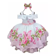 Vestido Con Manga Princesa Rosa Floral Blanco Con Mariposas 