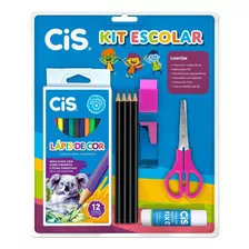 Kit Escolar 9 Peças Lápis Borracha Cola Tesoura Rosa Cis