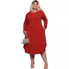 Vestidos Plus Size Manga Longa Feminina Soltinho Com Bolsos