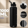 1000ml Garrafa Térmica Isolada A Vácuo Squeeze Aço Inox Água Gelada Esporte Academia Com Alça Preto Sólar