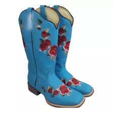 Bota Texana Azul Rosa Couro Importado Bico Quadrado