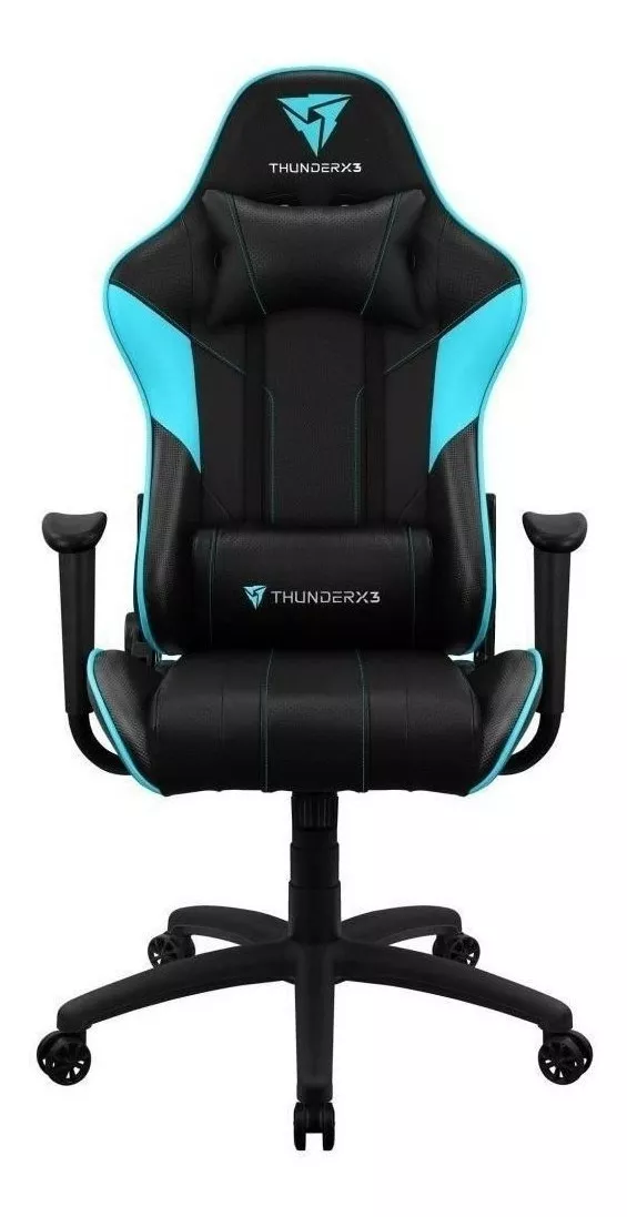 Cadeira De Escritório Thunderx3 Ec3 Gamer Ergonômica Preta E Cíano Com Estofado De Couro Sintético