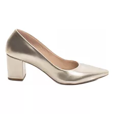 Sapato Feminino Casual Scarpin Dourado Bico Fino Salto Gross