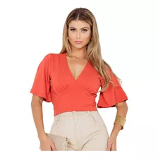 Blusa Cropped Decote V Manga Godê Elegante P Ao G Veste 46