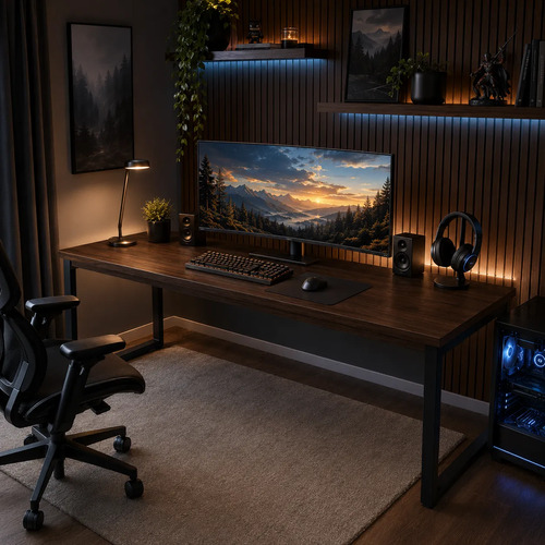 Mesa Gamer Industrial 150cm Para Estudo Trabalho Pés De Aço Nogal