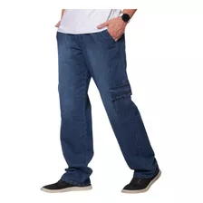Calça Cargo Jeans Molinho Confortável Elástico Na Cintura