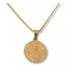 Medalla San Benito Mini Acero Inoxidable Dorado Con Cadena