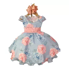 Vestido Floral Azul Jardim Encantado Festa Infantil Luxo