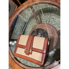 Cartera Vintage Cuero Marrón Y Rafia Tiki 