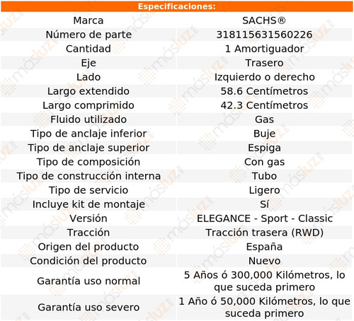 1- Amortiguador Gas Trasero Izq/der C280 V6 3.0l 08/09 Sachs Foto 2