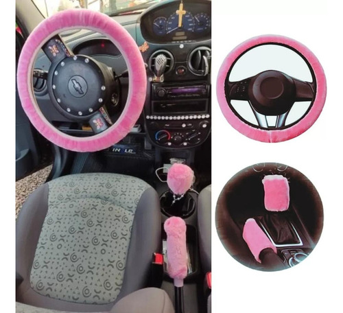 Kit Funda Cubre Volante De Felpa Accesorio Rosa Auto Mujer Foto 3