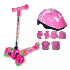 Patinete Infantil 3 Rodas Ajustavel Rosa Com Led E Capacete