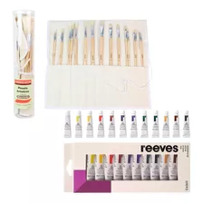 Kit 18 Pincel Pelo Cerda Longa + 12 Tinta A Oleo Reeves 12ml