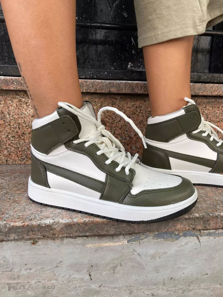Zapatillas Sneakers Botitas Jorda Blancas Con Verde Oliva