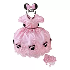 Vestido Minnie Rosa Infantil Luxo Com Tiara Luvas