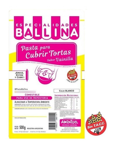 Pasta Ballina Reposteria 500gr Blanca Cubre Torta 