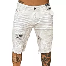 Bermuda Jeans Skinny Branca Rasgada Destroyed Masculina