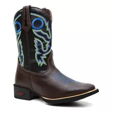 Bota Texana Masculina Em Couro Detalhe Azul Botina Rodeio