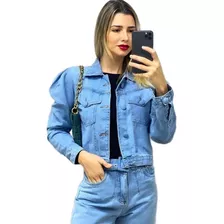 Jaqueta Feminina Jeans Manga Longa Bolsos Botões Casaco Moda