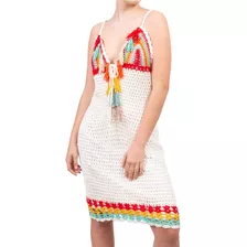 Vestido Corto En Crochet Con Apliques De Flecos