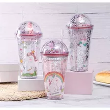 Vaso Con Bombilla Diseño Unicornio Glitter Y Kawaii