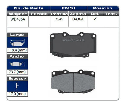 Balatas Delanteras 4-runner / Hi-lux / Tacoma 4x2 4x4 Wg Foto 3