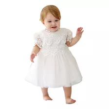 Vestido De Bautizo Blanco De Manga Corta Para Bebé Niña