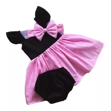 Vestido Luxo Menina Bebê Infantil Rn A 4 Faixa Recem Nascido Bolinha Preta Minnie Rosa Baby 